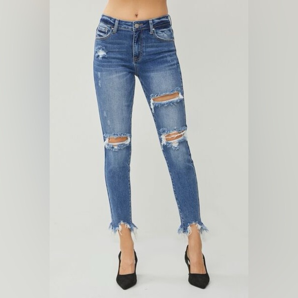 RISEN High Rise Distressed Frayed Hem Skinny Jeans Size 9/29
